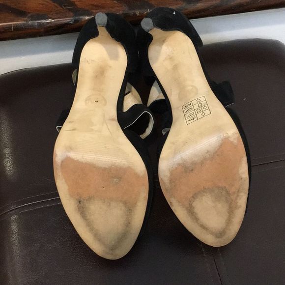 MICHAEL KORS Black Suede Peep Toe Gold Zipper Back High Heel Shoes Sz 8•1/2 - Picture 6 of 10